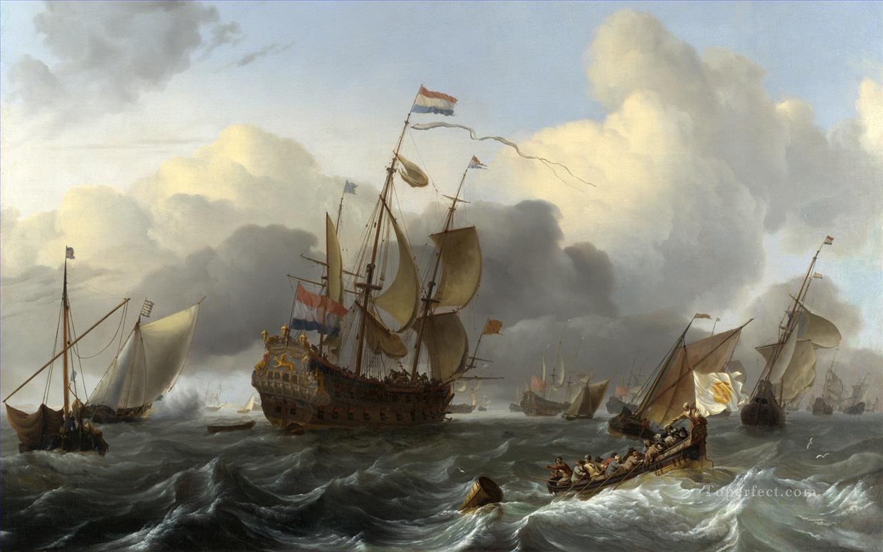 エエンドラハトと風の前の戦争のオランダ艦隊の軍艦油絵